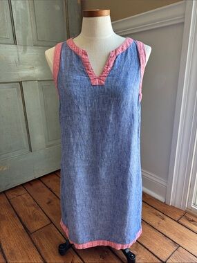 Sigrid Olsen 100% Linen Mini Shift Dress Blue Pink Beach V Neck Small Coastal
